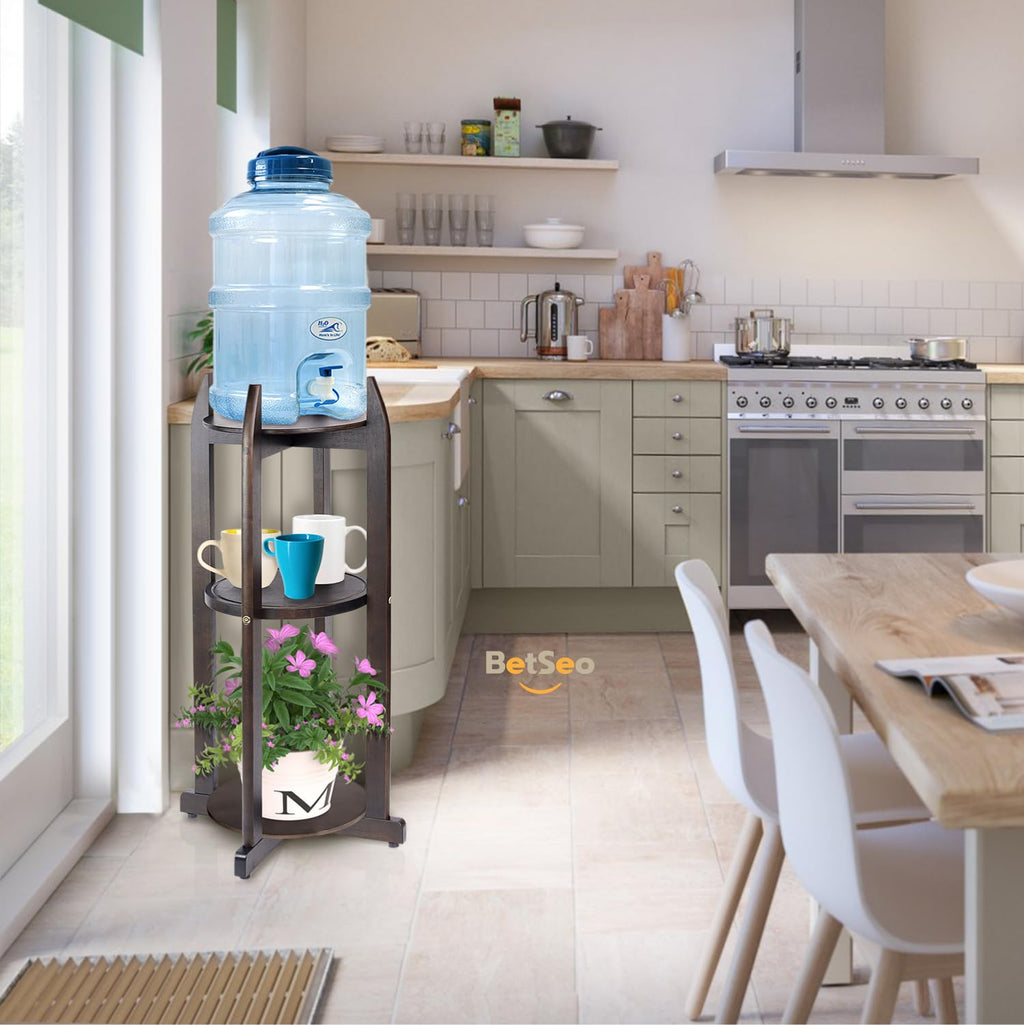 Solid Wood Water Dispenser Floor Stand with 3 Round Shelfs A19409
