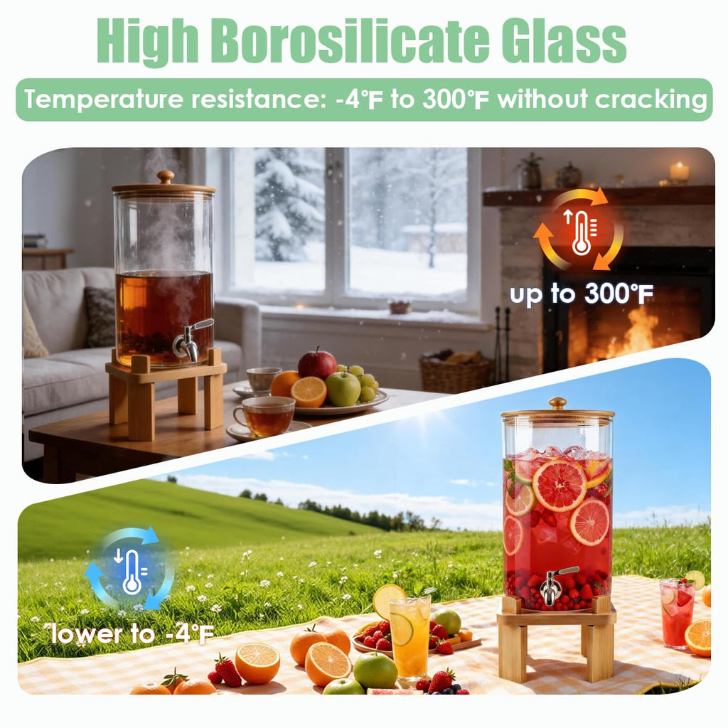 3 Gallon Glass Drink Dispenser with Wood Stand T5992