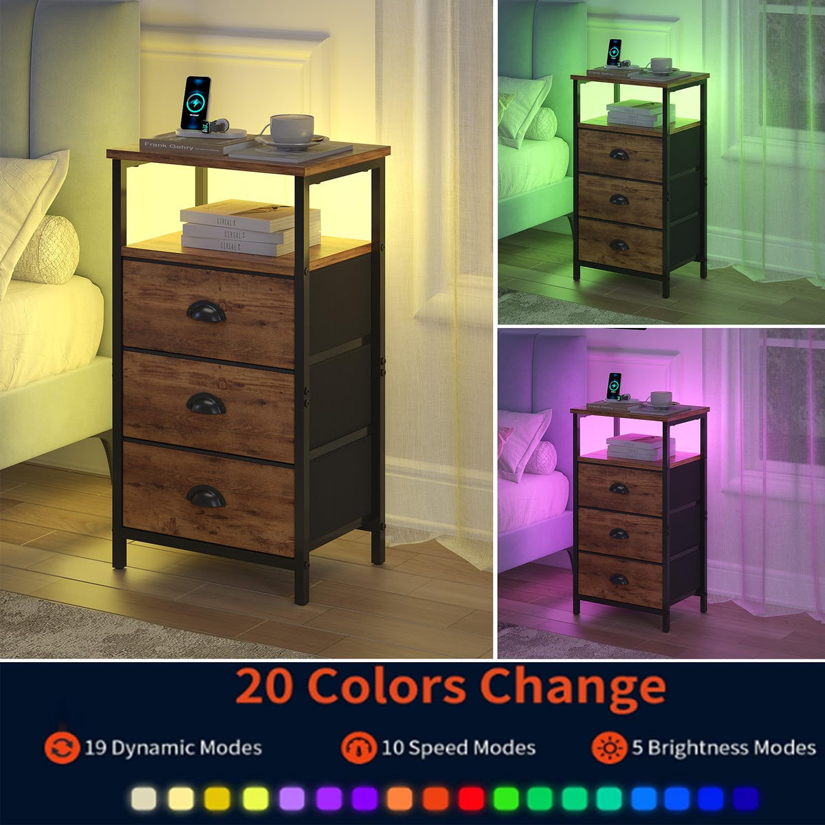 Rustic Brown End Table with Charging Station and LED Light, 3 Fabric Drawers R94518