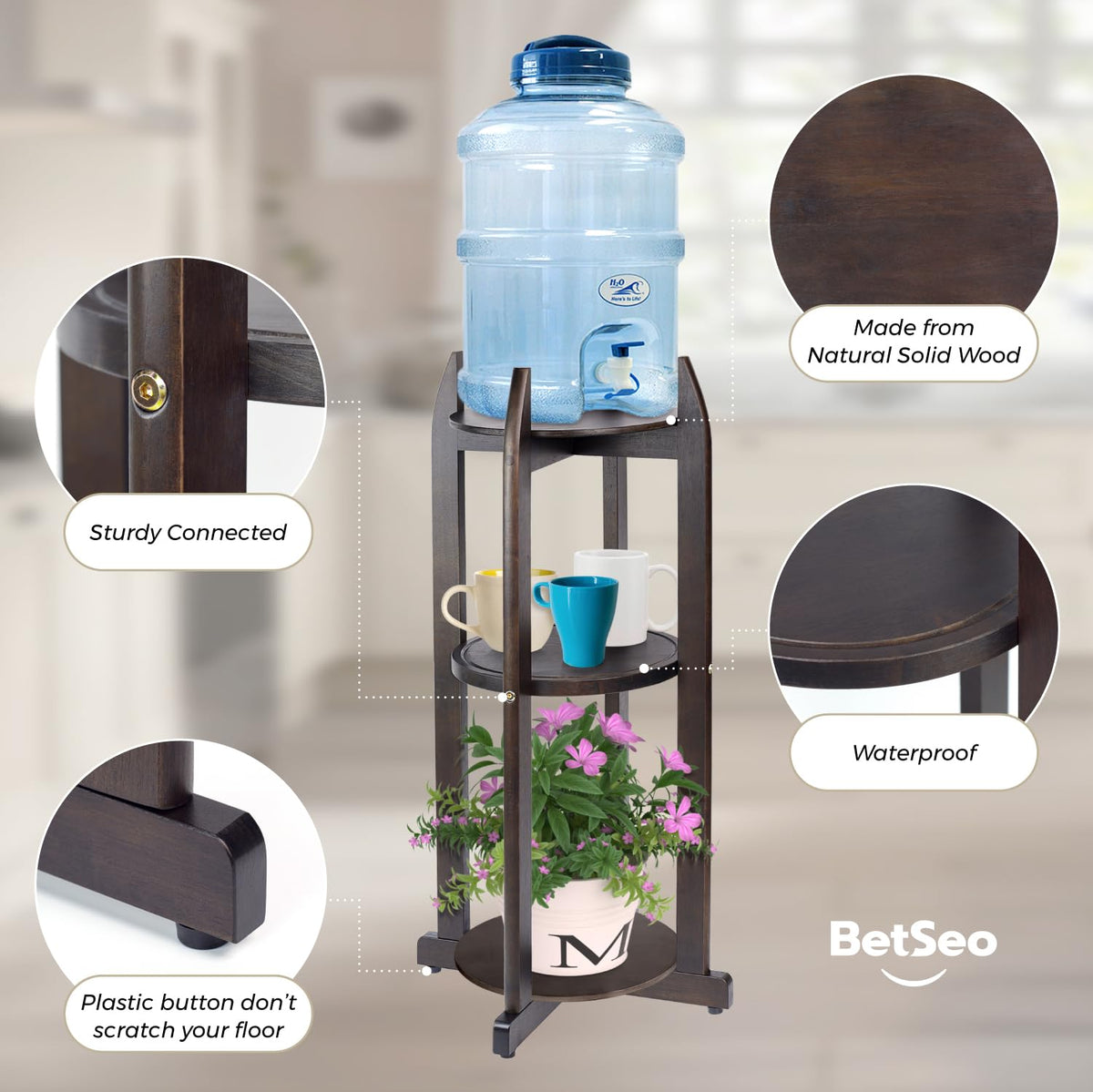 Solid Wood Water Dispenser Floor Stand with 3 Round Shelfs A19409