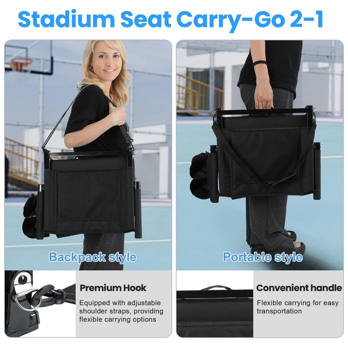 2 Pcs Black Folding Stadium Seat Cushion with Back Support U656