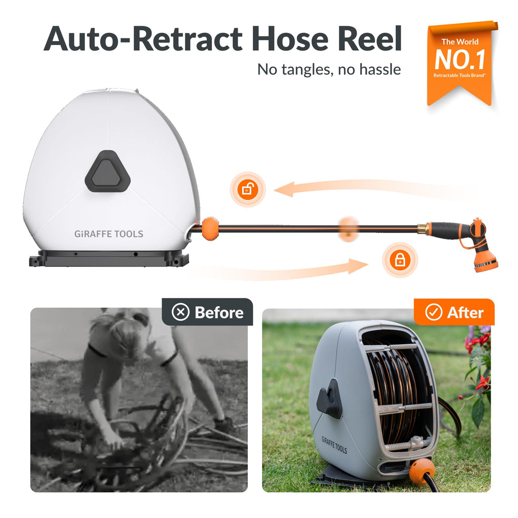 Retractable Heavy Duty Hose Reel, 1/2" x 100FT Automatic Rewind Garden Hose Reel with 360° Swivel Base and Hose Splitter with Shut-Off Valves A17673