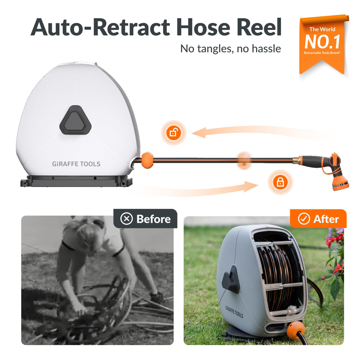 Retractable Heavy Duty Hose Reel, 1/2" x 100FT Automatic Rewind Garden Hose Reel with 360° Swivel Base and Hose Splitter with Shut-Off Valves A17673