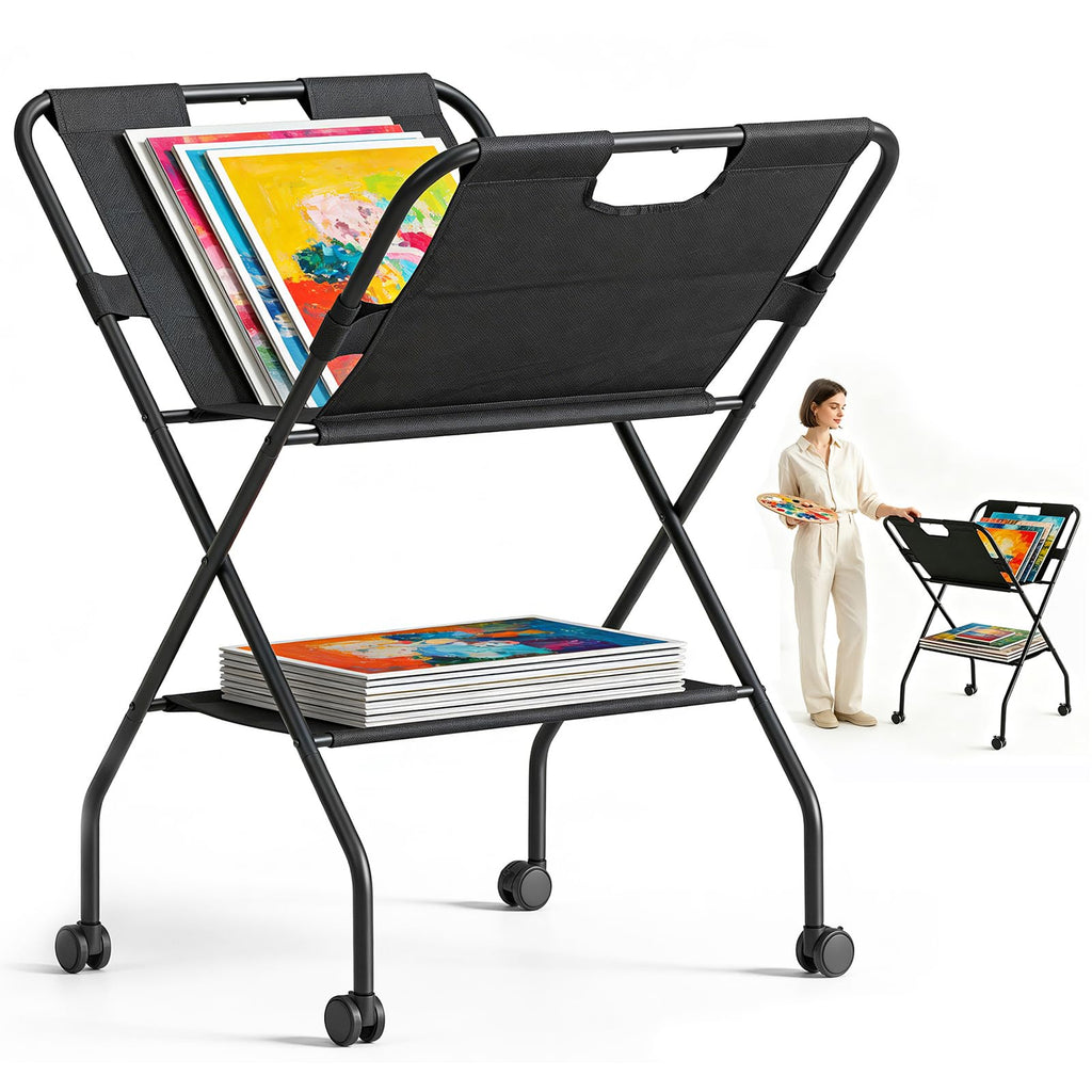 Folding Canvas Art Print Storage Rack with Caster Wheels D2794