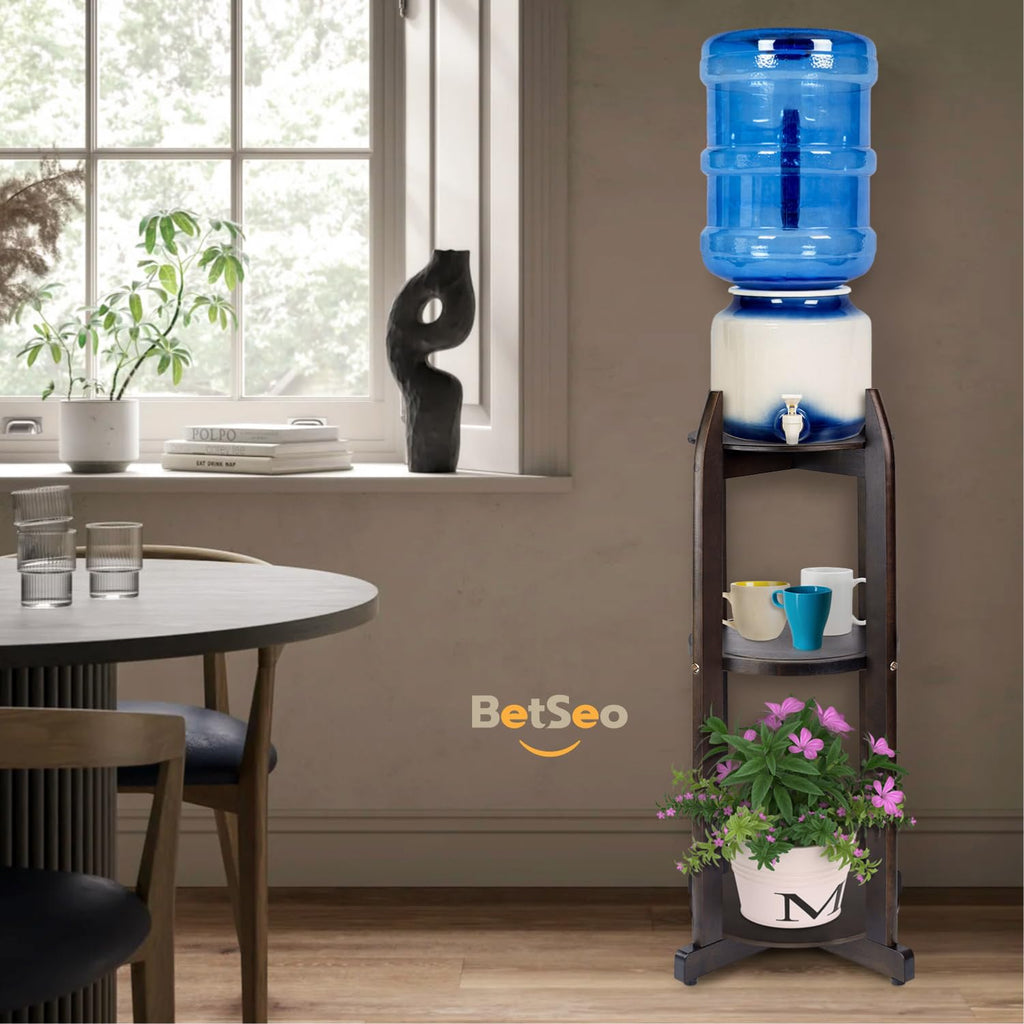 Solid Wood Water Dispenser Floor Stand with 3 Round Shelfs A19409