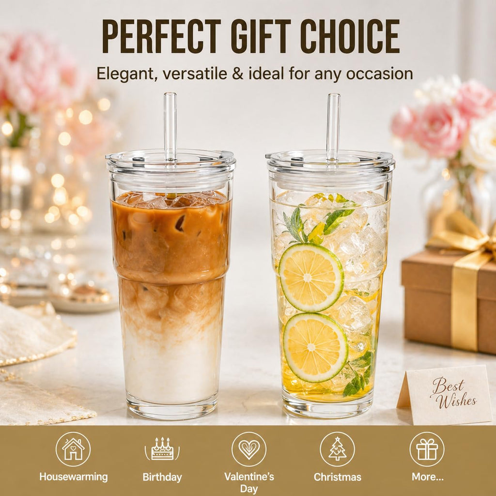 20oz Clear Glass Tumbler with Lid and Straws, Set of 2 F1280