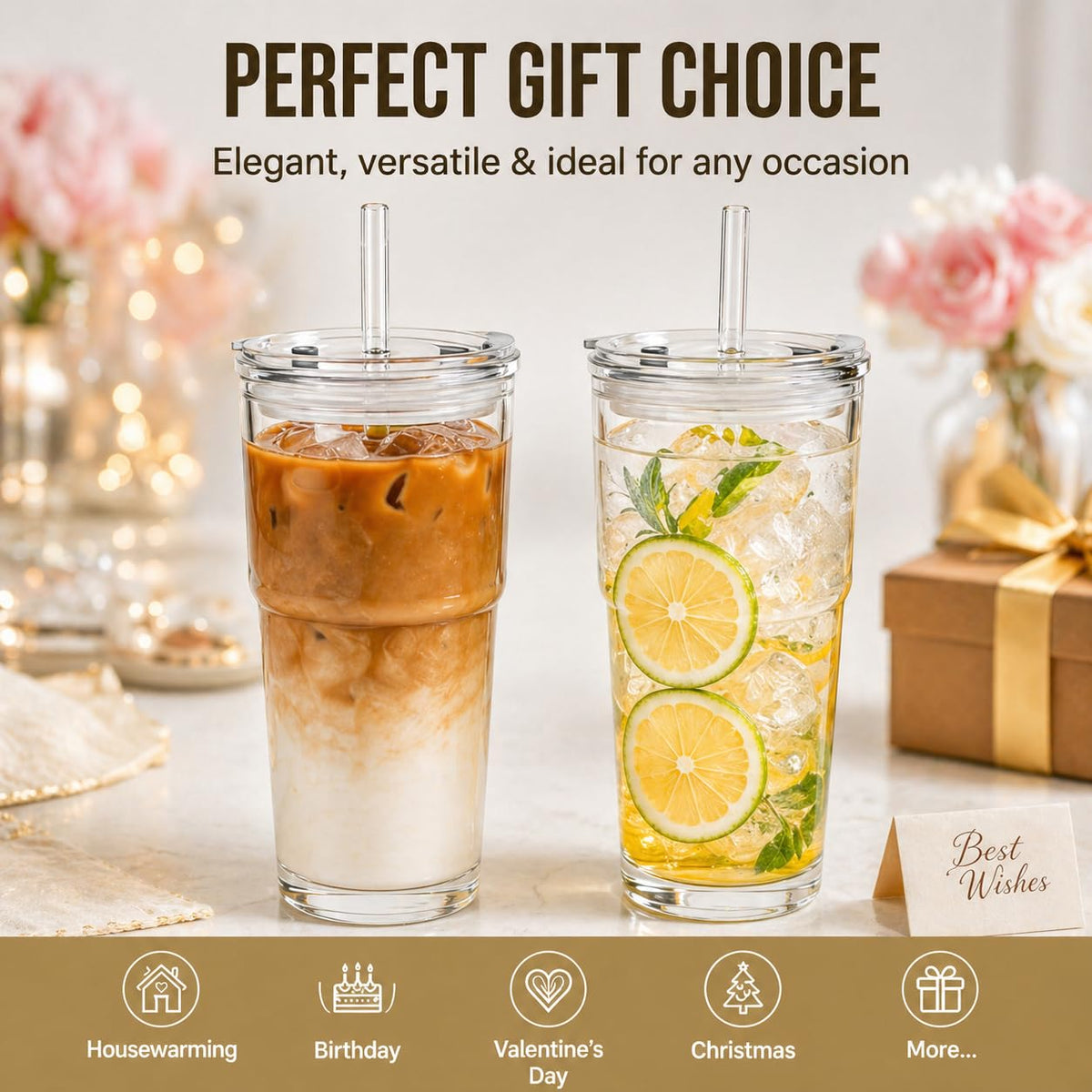 20oz Clear Glass Tumbler with Lid and Straws, Set of 2 F1280