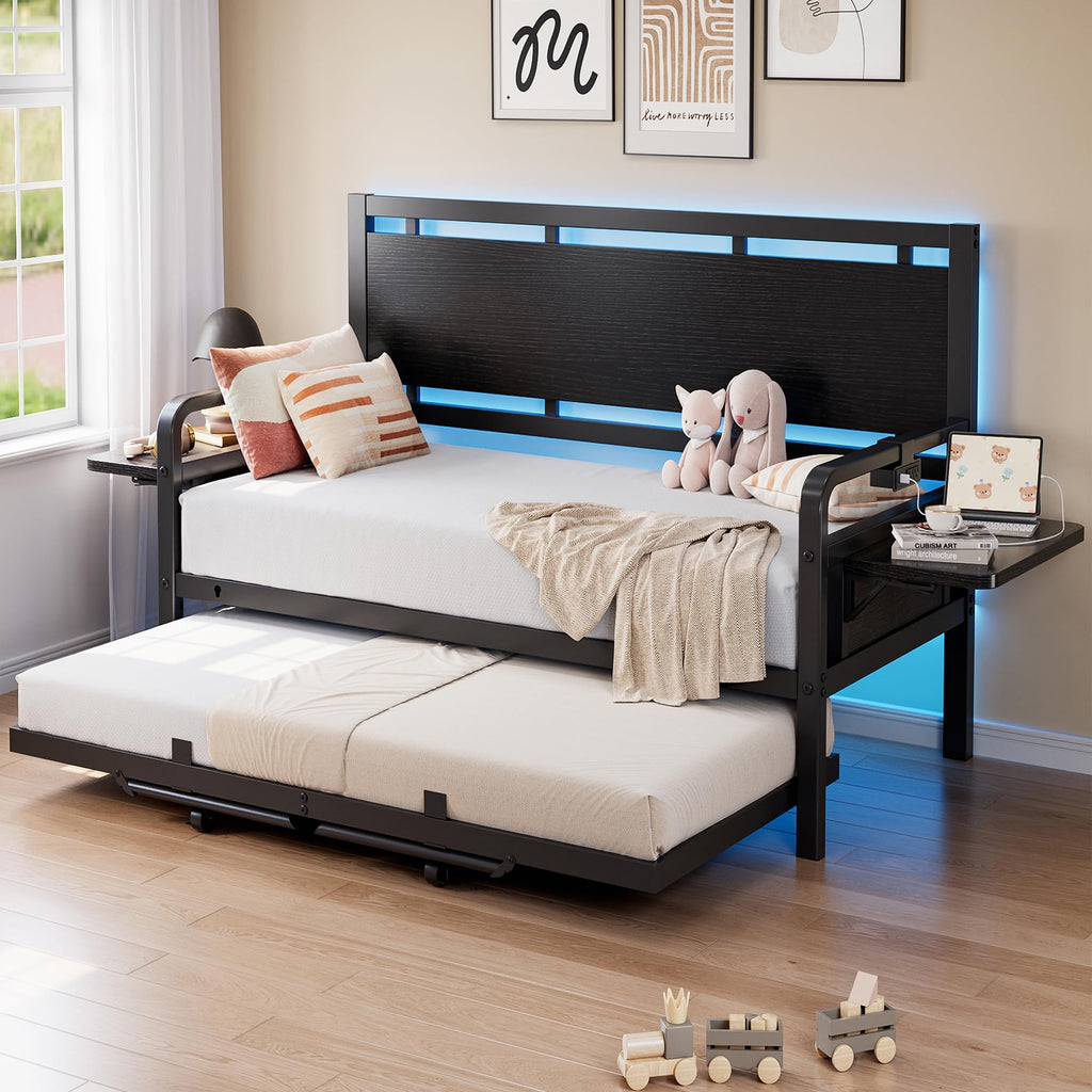 Black Metal Daybed with Trundle and LED Light H19378