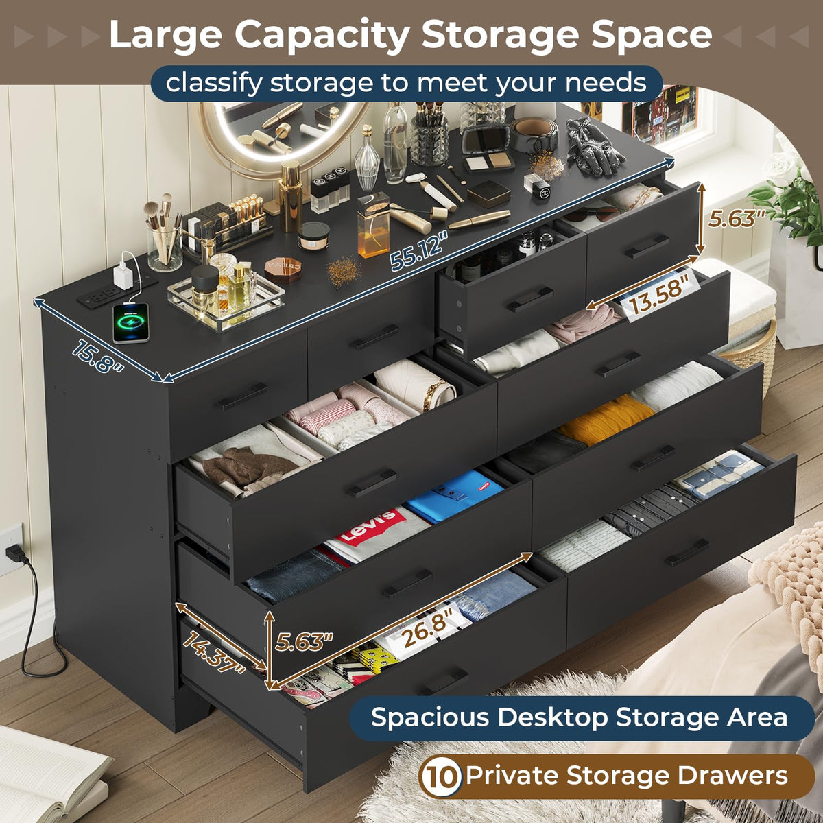 Black 10 Drawer Dresser with Power Outlets G23081