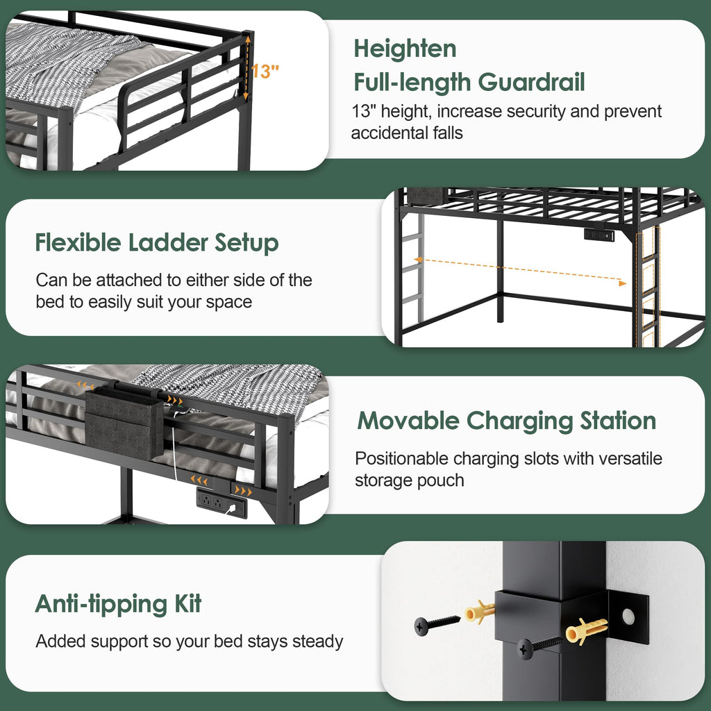 Twin XL Black Metal Loft Bed with Charging Station and LED Lights E3486