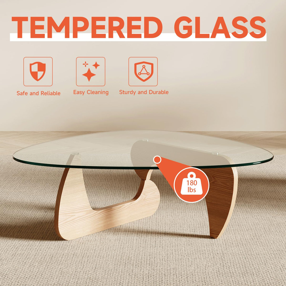 Modern Coffee Table with Tempered Glass Top and Solid Wood Base C787