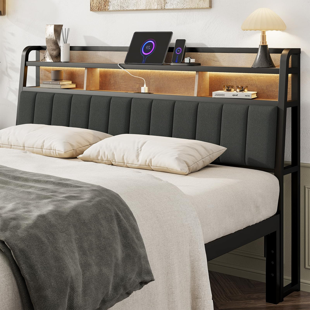 King Headboard with Storage and Charging Station X976