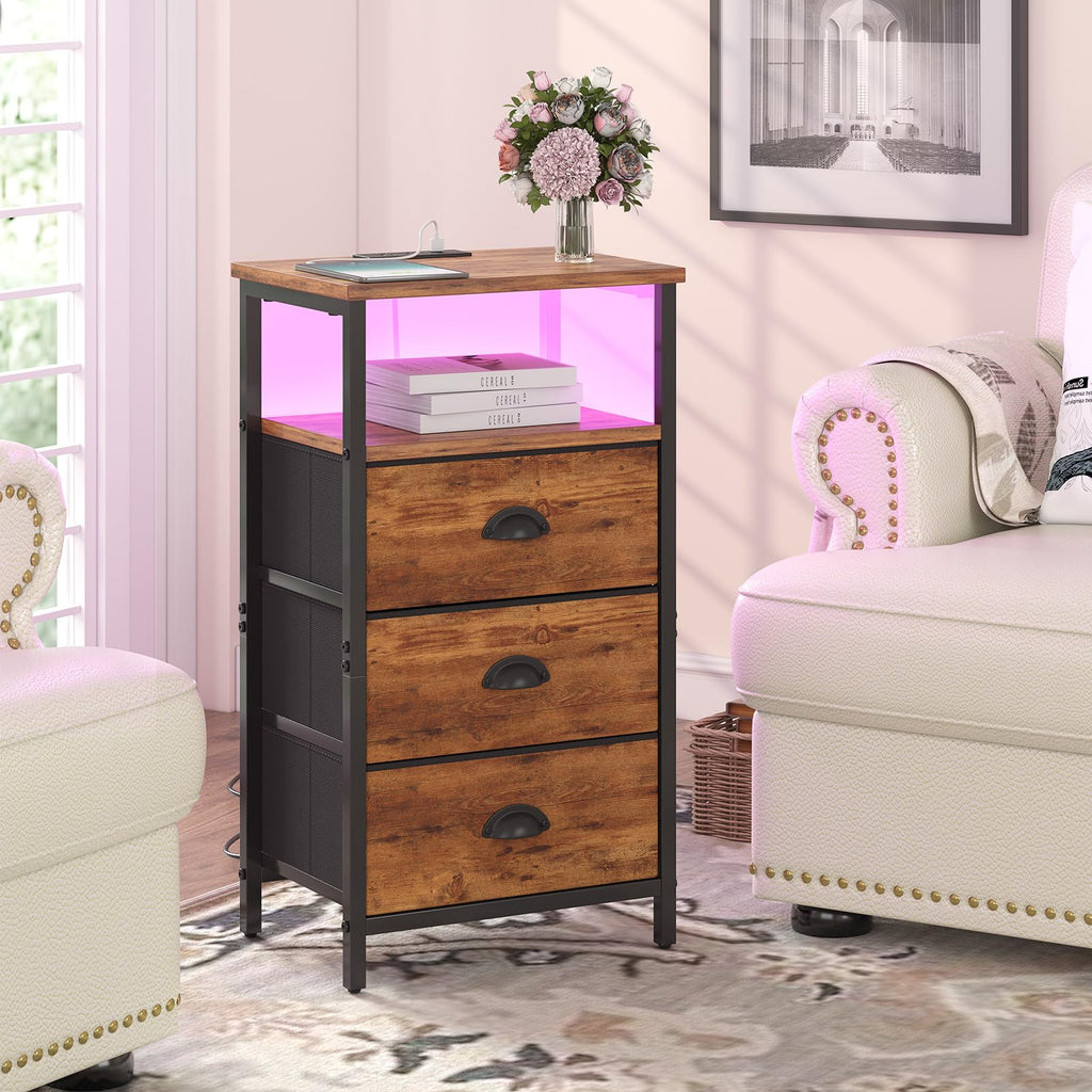 Rustic Brown End Table with Charging Station and LED Light, 3 Fabric Drawers R94518