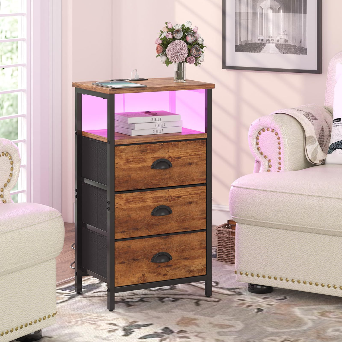 Rustic Brown End Table with Charging Station and LED Light, 3 Fabric Drawers R94518