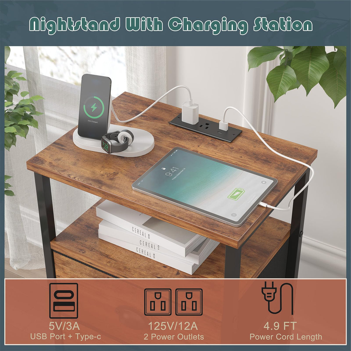 Rustic Brown End Table with Charging Station and LED Light, 3 Fabric Drawers R94518