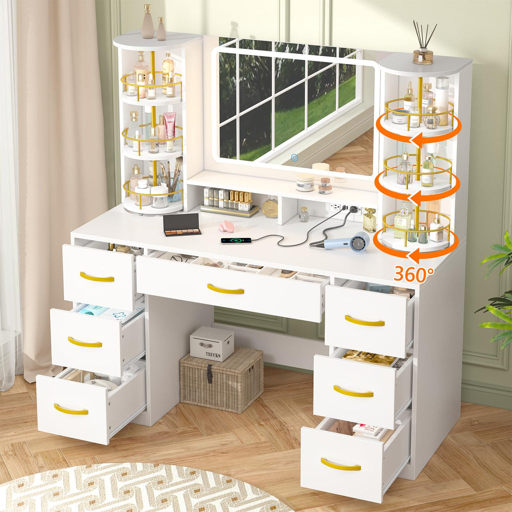 Vanity Desk with Mirror and Lights, 7 Drawers Q161