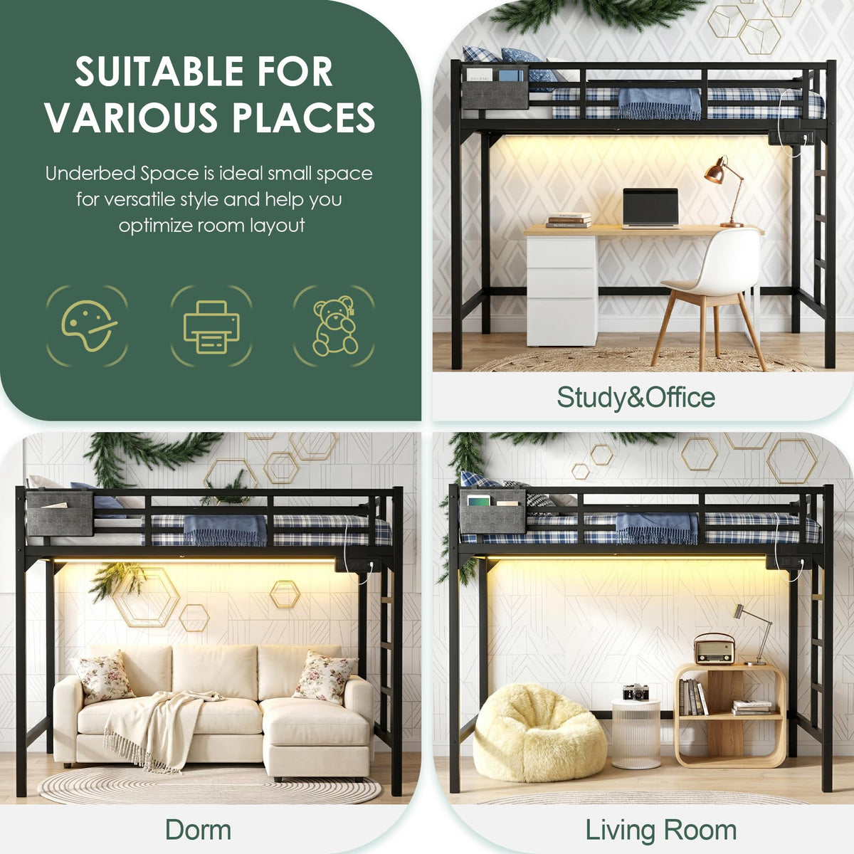 Twin XL Black Metal Loft Bed with Charging Station and LED Lights E3486