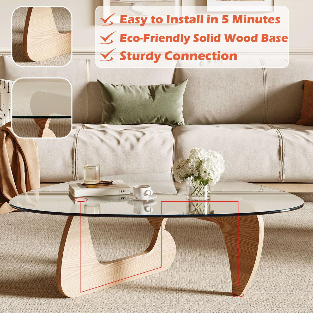 Modern Coffee Table with Tempered Glass Top and Solid Wood Base C787