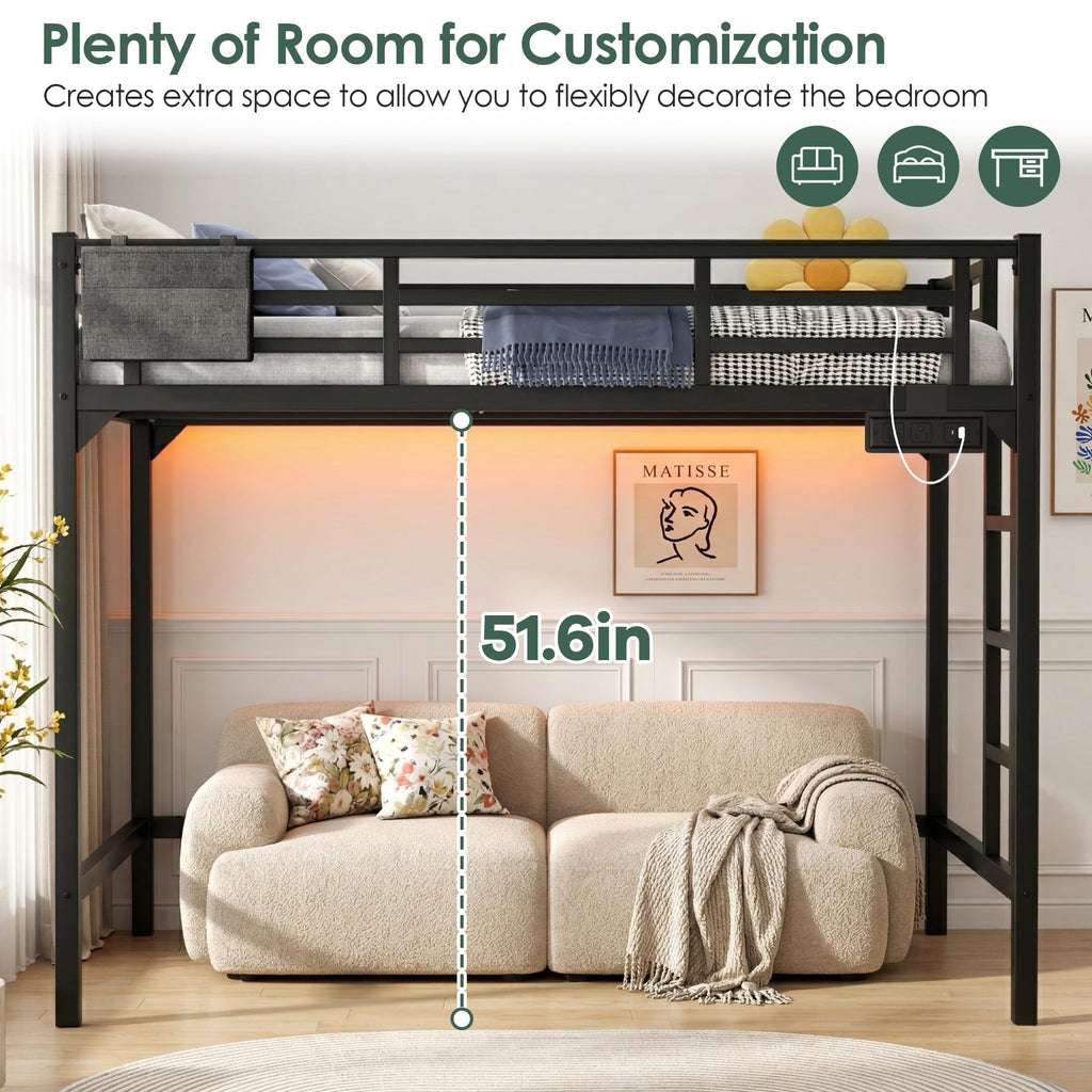 Twin XL Black Metal Loft Bed with Charging Station and LED Lights E3486