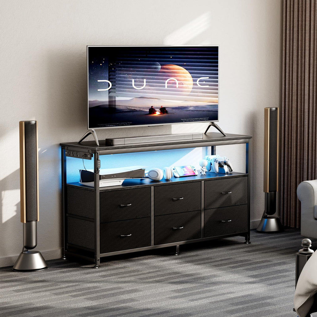 Black Dresser TV Stand with 6 Fabric Drawers U443