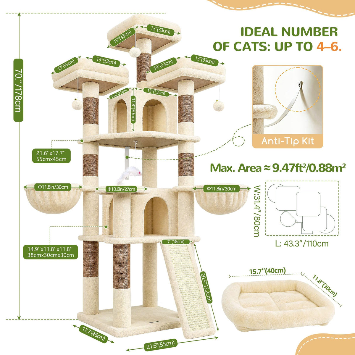 70 Inch Beige Cat Tower with Scratching Post C531