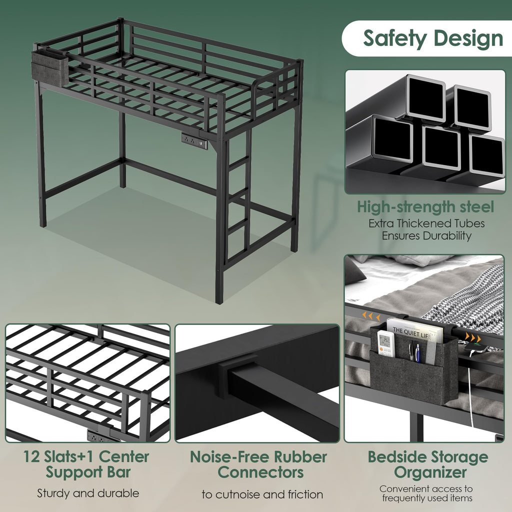 Twin XL Black Metal Loft Bed with Charging Station and LED Lights E3486