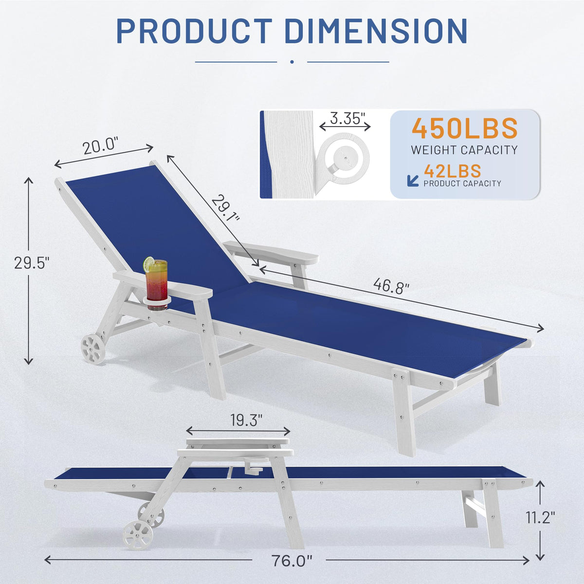 Royal Blue Patio Chaise Lounge Chair Set of 2 with Cup Holder O728640