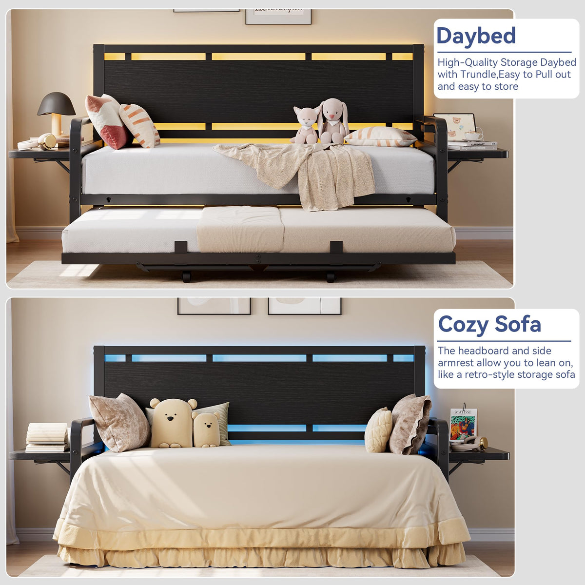 Black Metal Daybed with Trundle and LED Light H19378