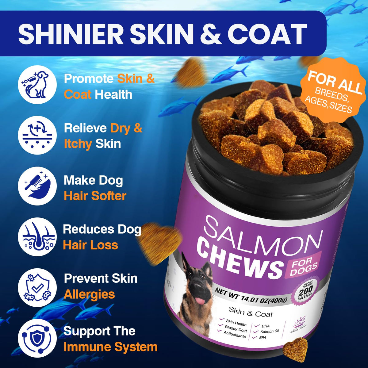 Omega 3 Skin and Coat Dog Supplement 200 Chews Fish Oil V4440