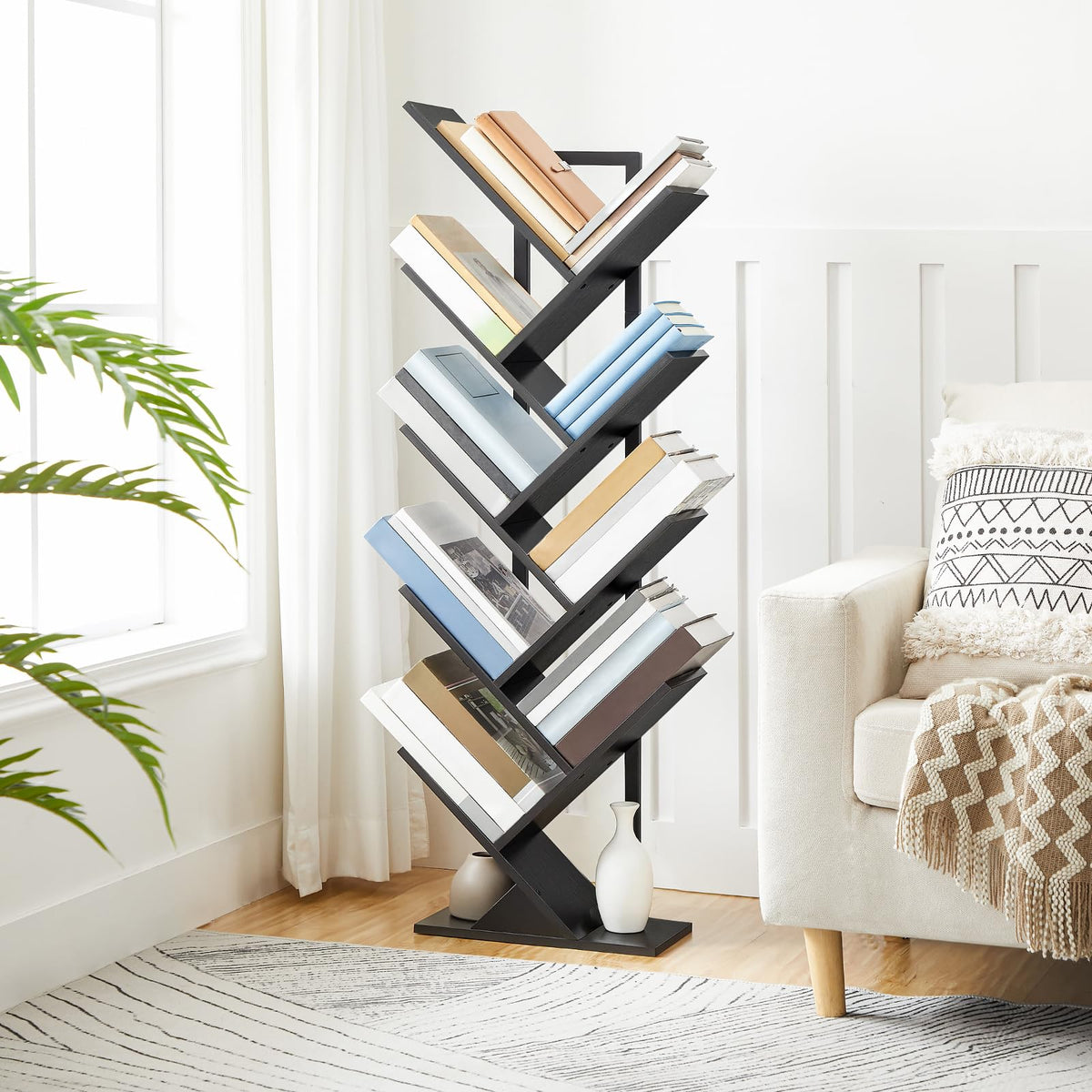 Black 9-Tier Wood Tree Bookshelf J2308