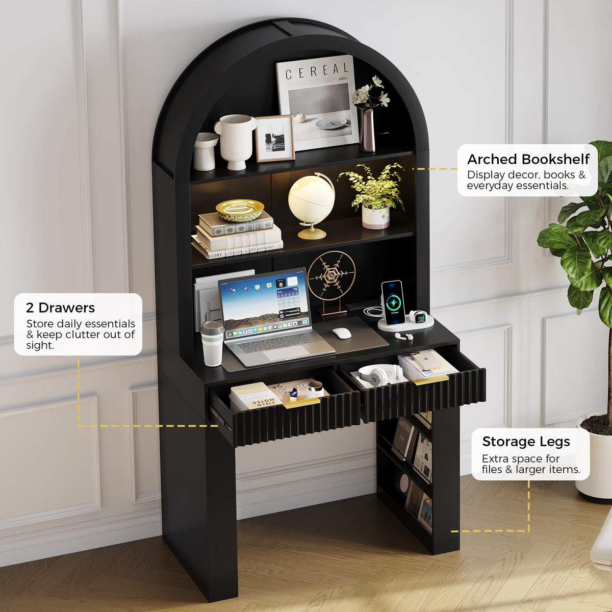 35.4" Arched Writing Desk with Hutch & Power Outlet I290
