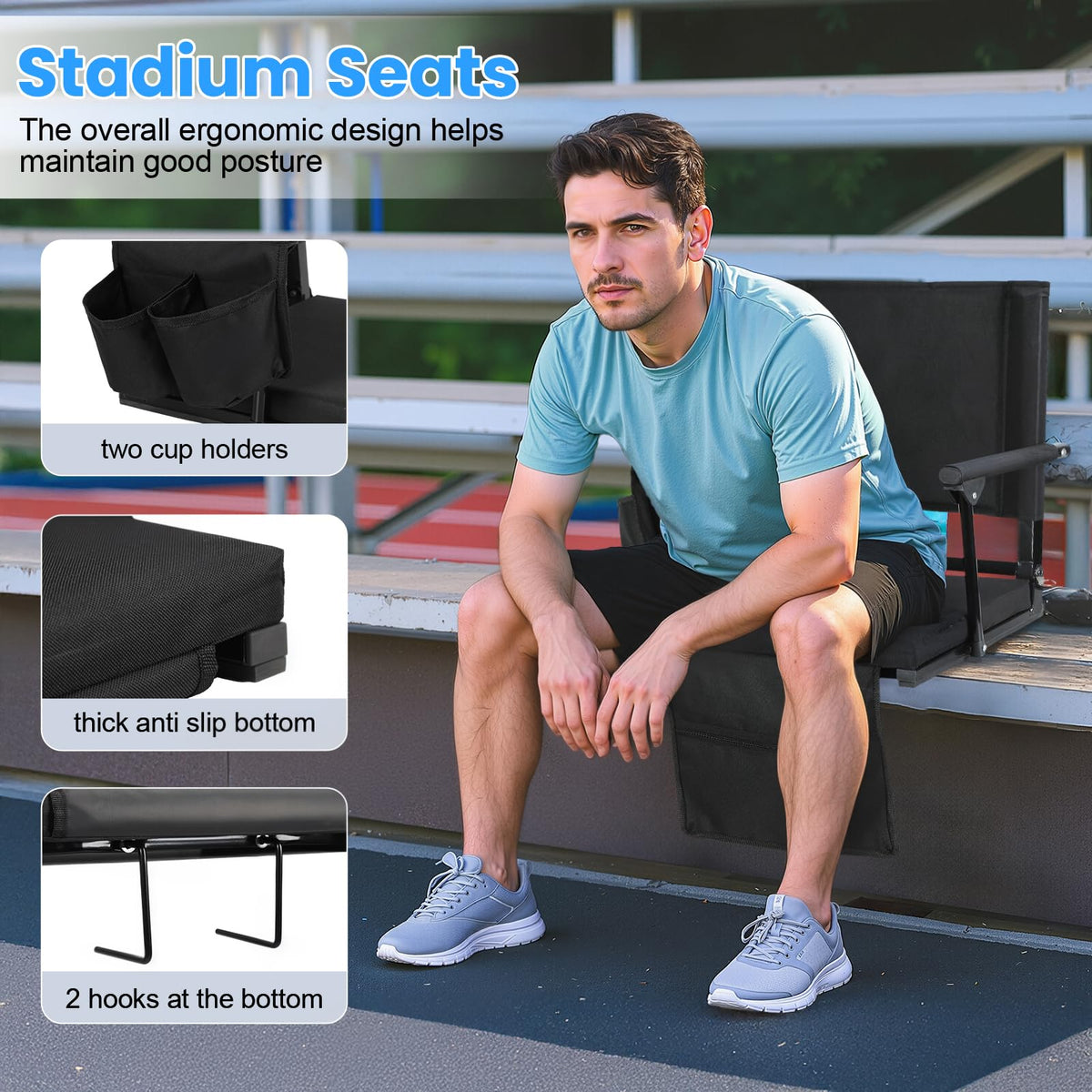 2 Pcs Black Folding Stadium Seat Cushion with Back Support U656