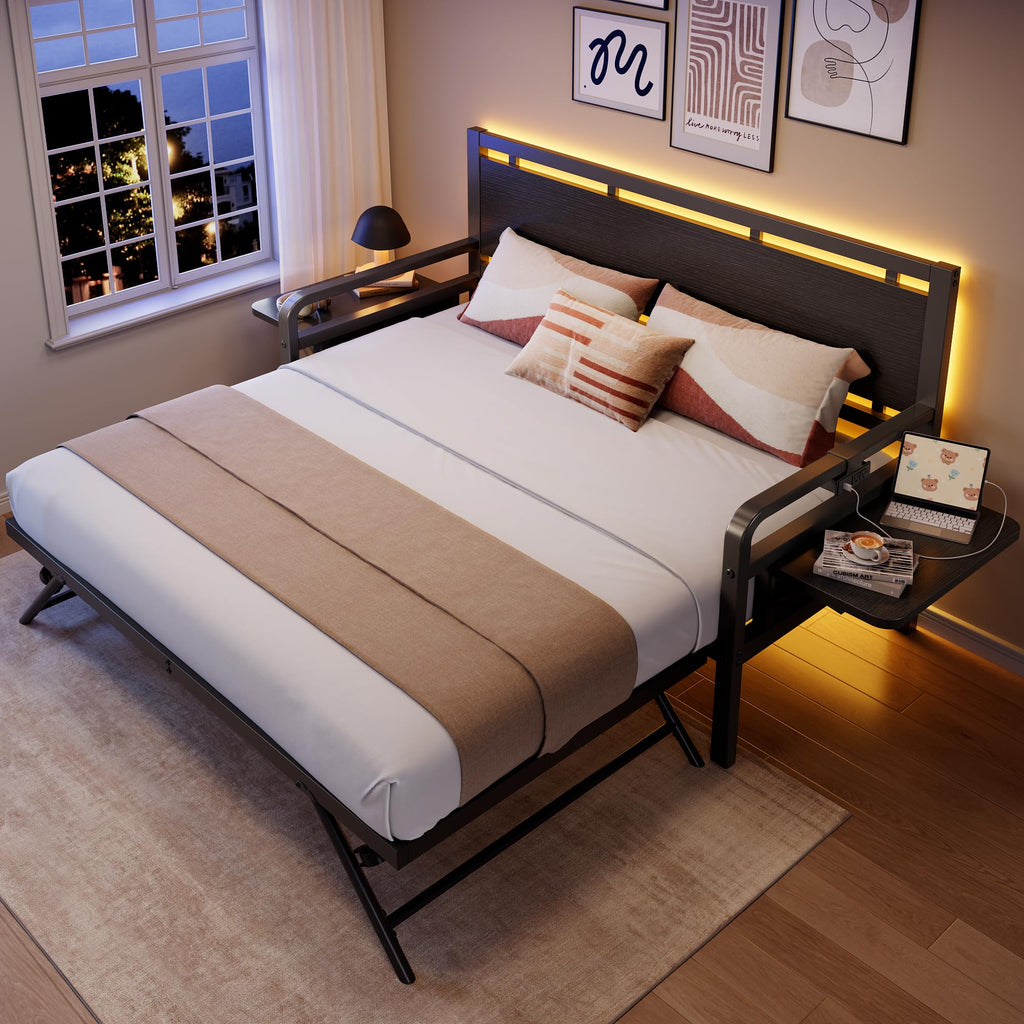 Black Metal Daybed with Trundle and LED Light H19378