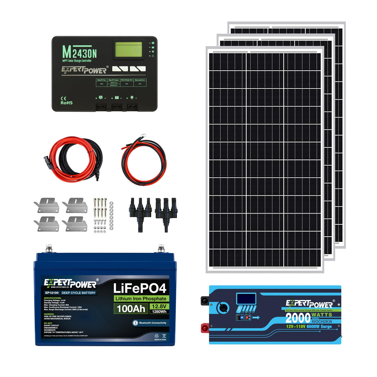 12V 100Ah LiFePO4 Solar Power Kit with 300W Mono Solar Panels L995