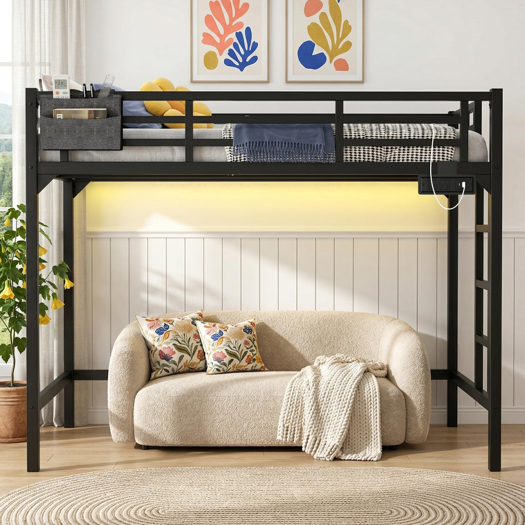 Twin XL Black Metal Loft Bed with Charging Station and LED Lights E3486