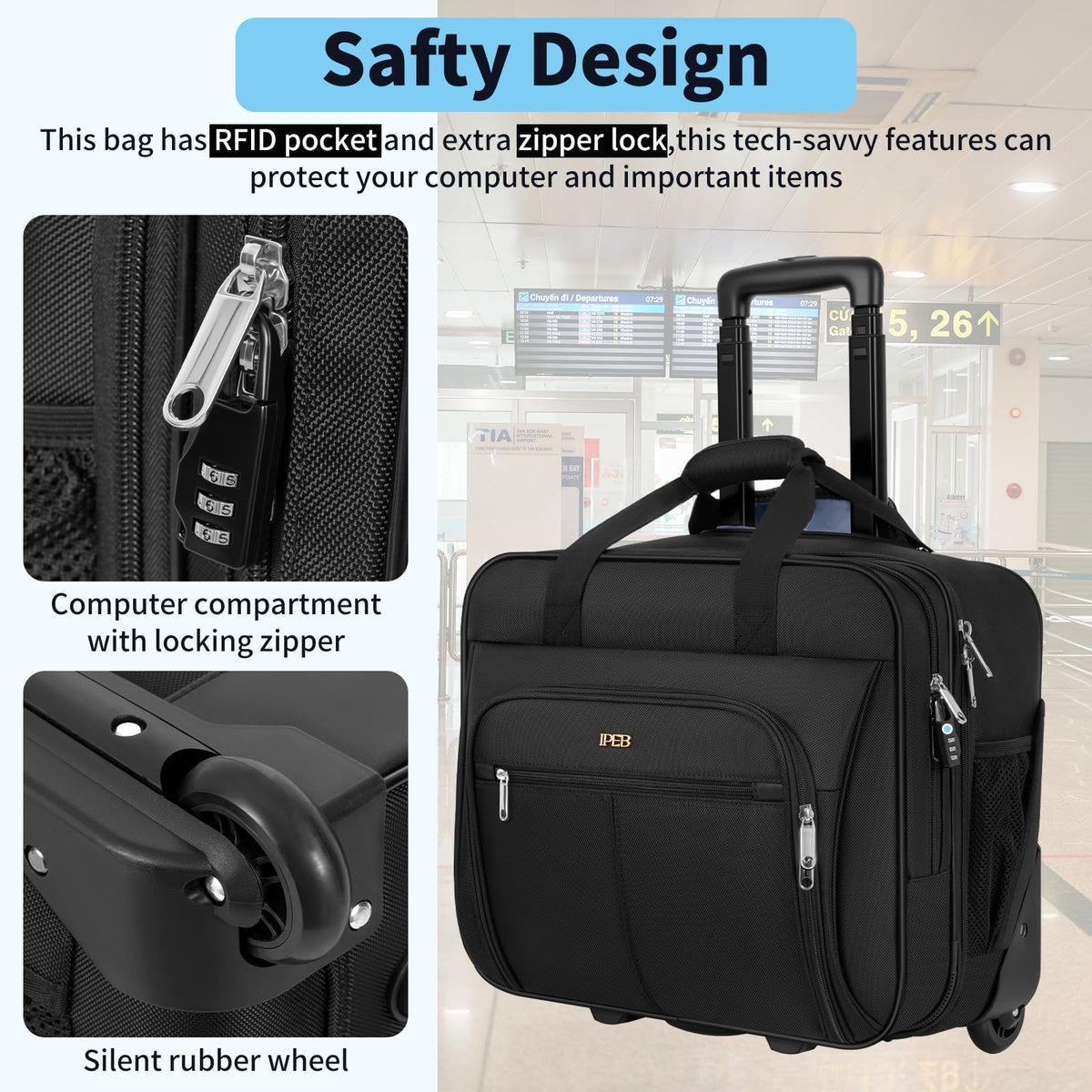 Water-Resistant 17.3" Rolling Laptop Bag with RFID Pocket J8313