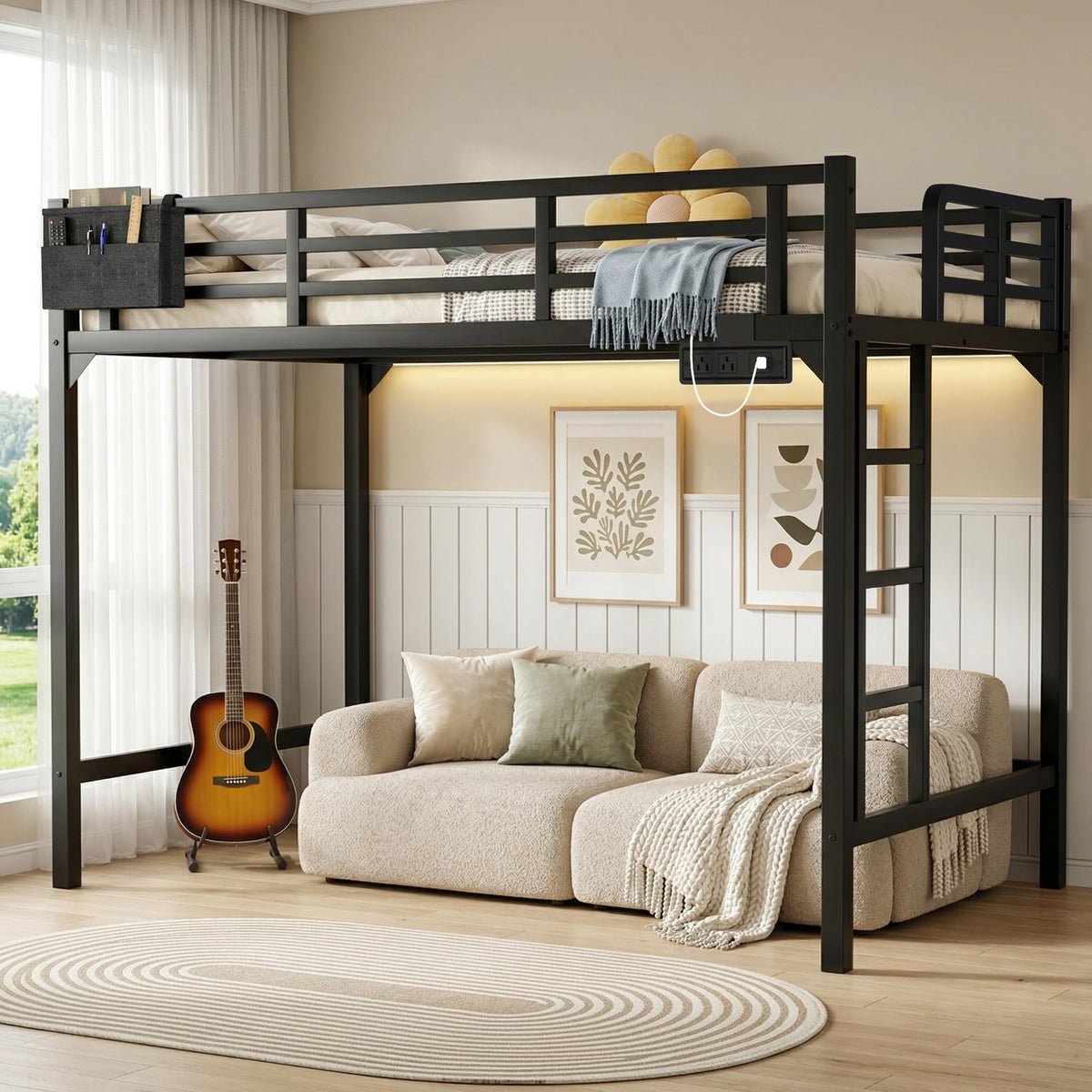 Twin XL Black Metal Loft Bed with Charging Station and LED Lights E3486