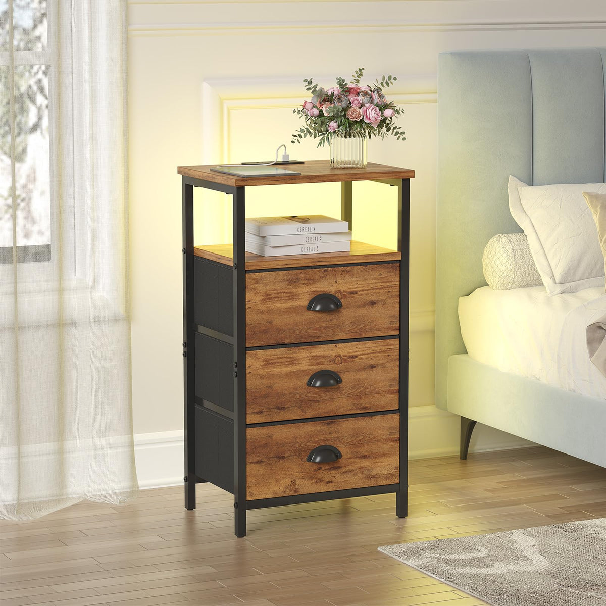 Rustic Brown End Table with Charging Station and LED Light, 3 Fabric Drawers R94518