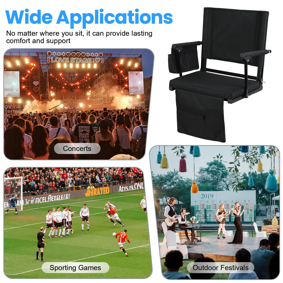 2 Pcs Black Folding Stadium Seat Cushion with Back Support U656