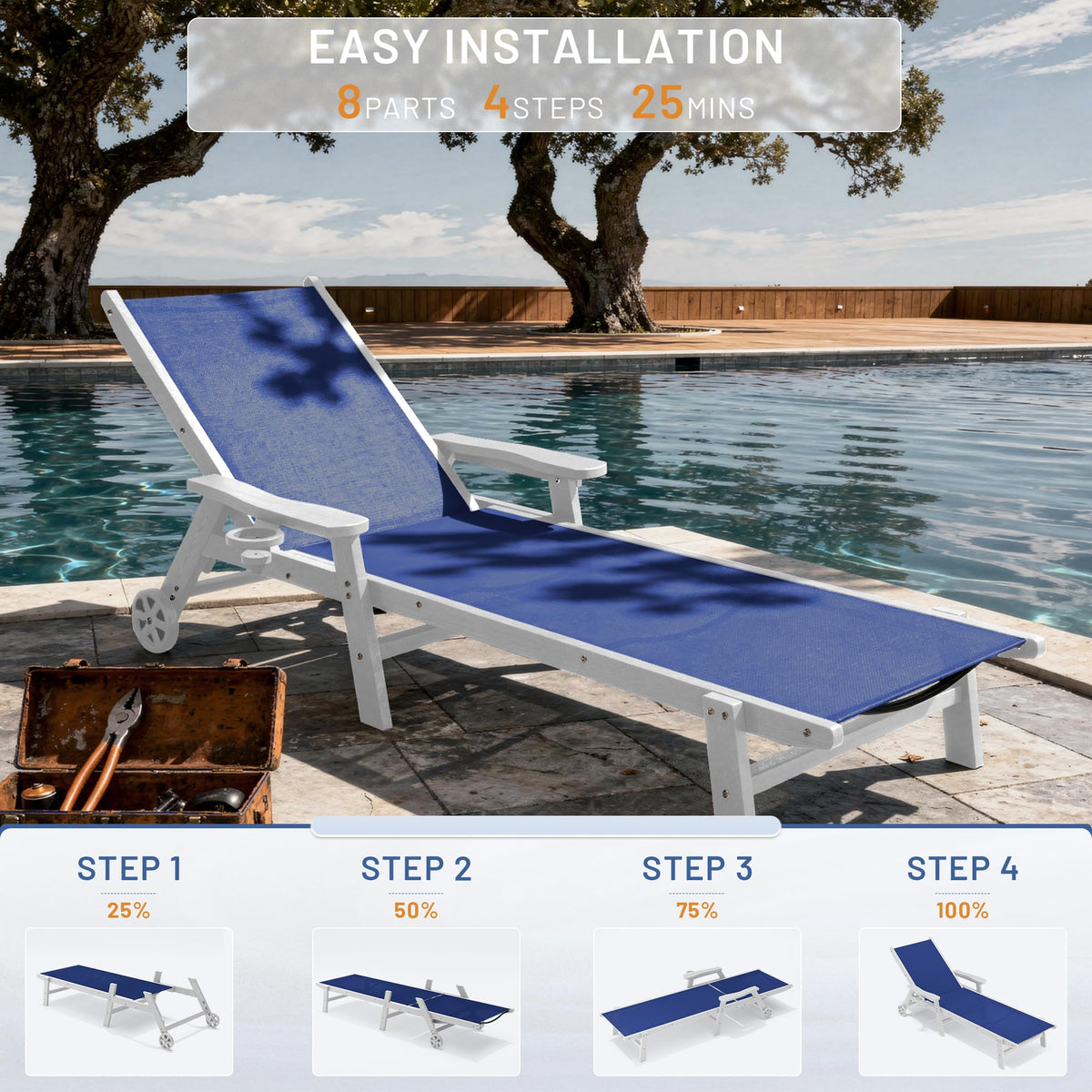 Royal Blue Patio Chaise Lounge Chair Set of 2 with Cup Holder O728640