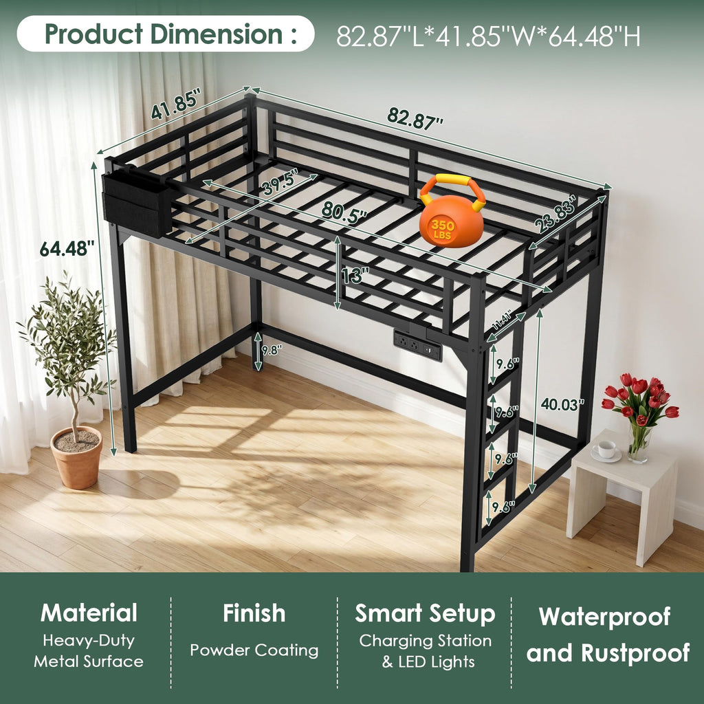 Twin XL Black Metal Loft Bed with Charging Station and LED Lights E3486