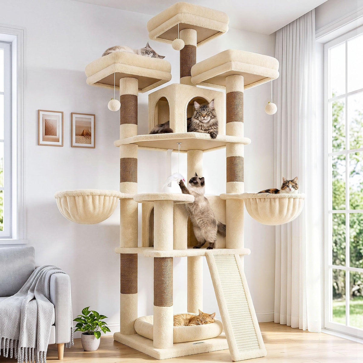 70 Inch Beige Cat Tower with Scratching Post C531