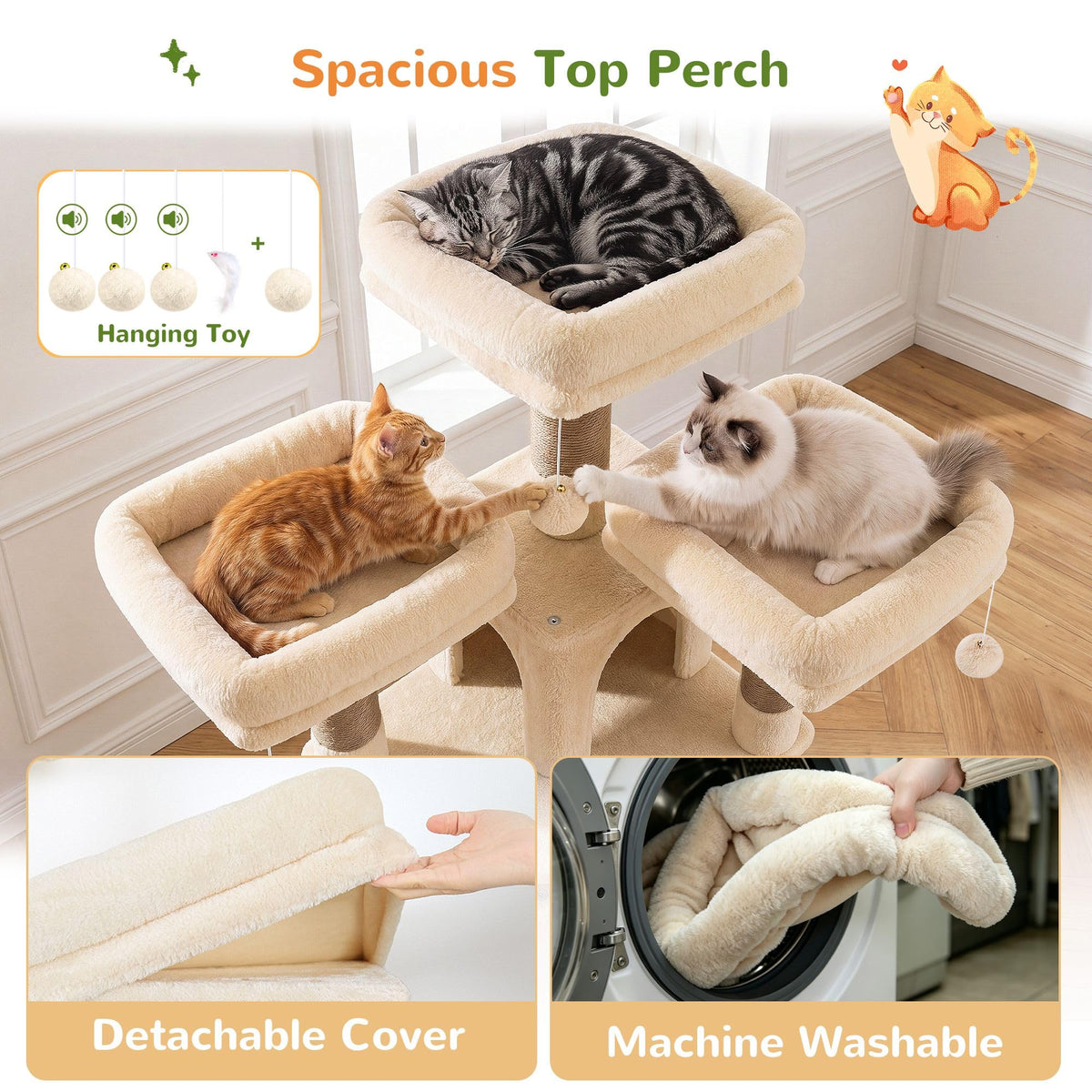 70 Inch Beige Cat Tower with Scratching Post C531