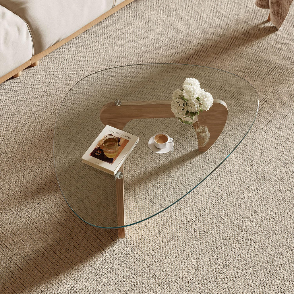 Modern Coffee Table with Tempered Glass Top and Solid Wood Base C787