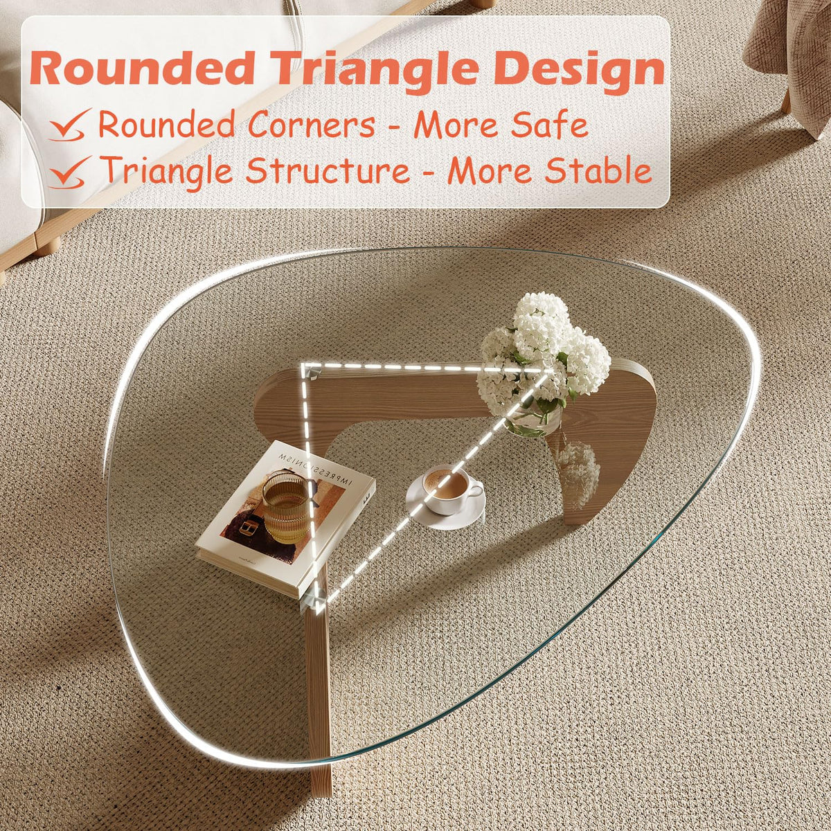 Modern Coffee Table with Tempered Glass Top and Solid Wood Base C787