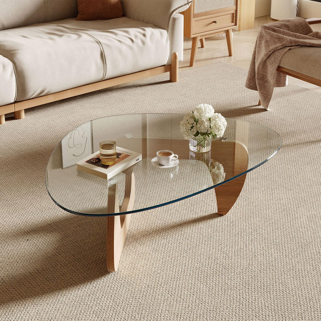 Modern Coffee Table with Tempered Glass Top and Solid Wood Base C787